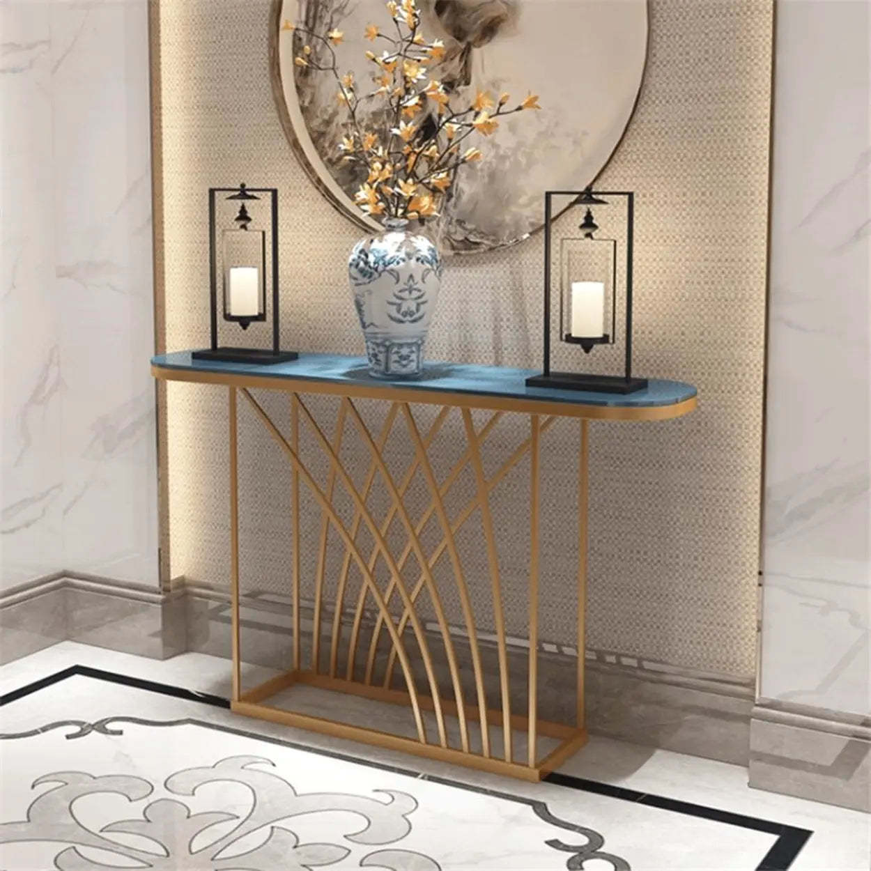 Elegant Metal Oval Marble Gold Foyer Console — Black