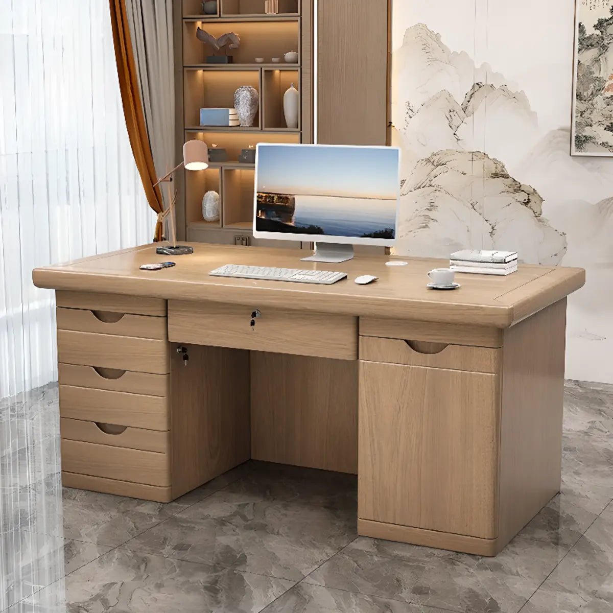 Natural Wood Drawer Shelf Computer Desk