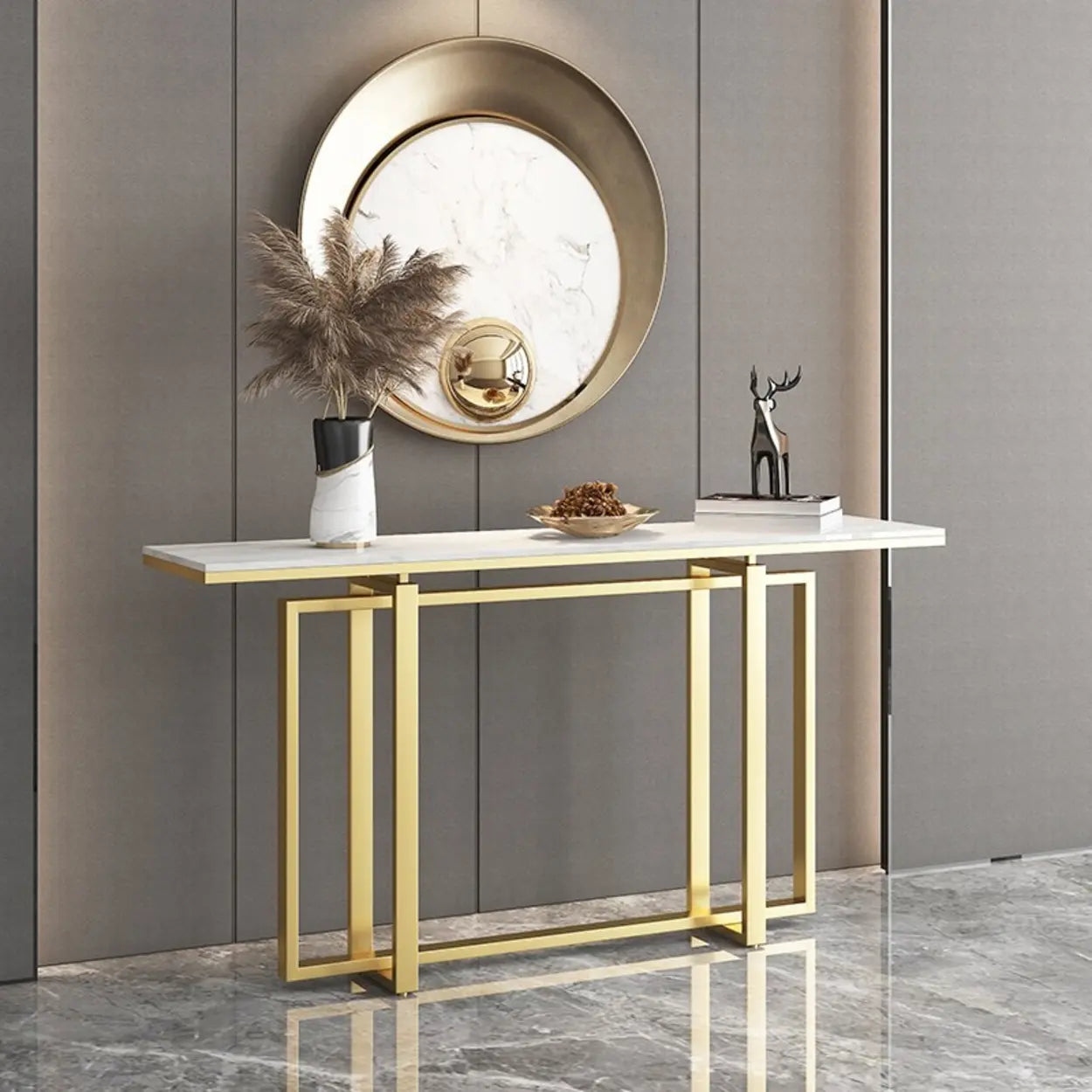 Faux Marble Trestle Console Table with Gold Accents