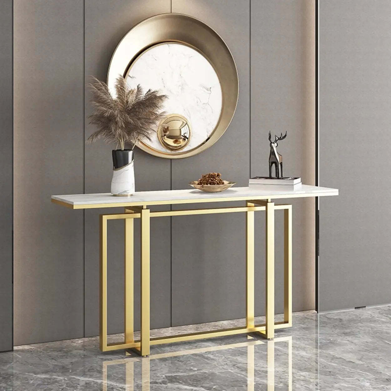 Faux Marble Trestle Console Table with Gold Accents — Black
