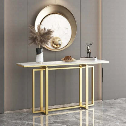 Faux Marble Trestle Console Table with Gold Accents — Black