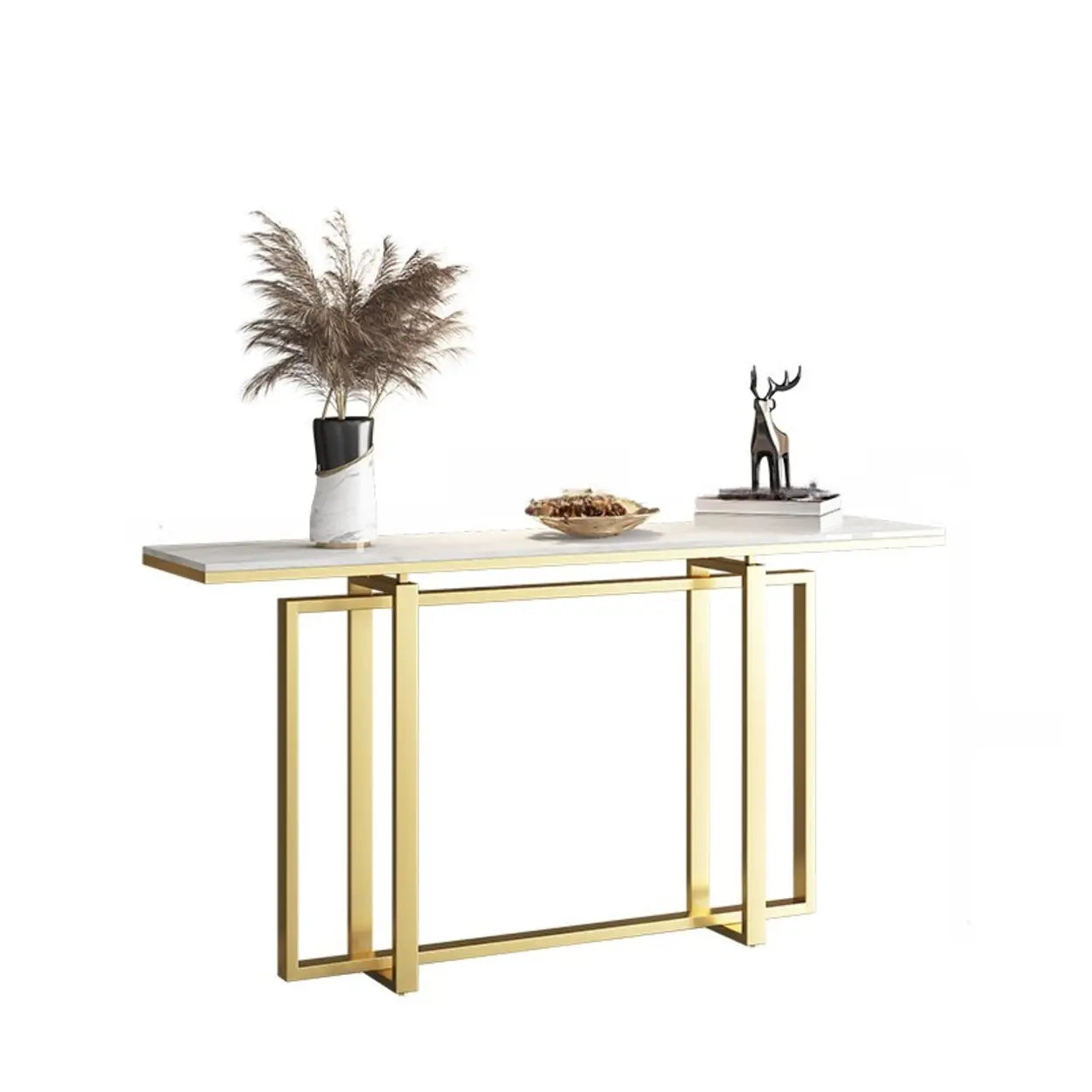 Faux Marble Trestle Console Table with Gold Accents — White