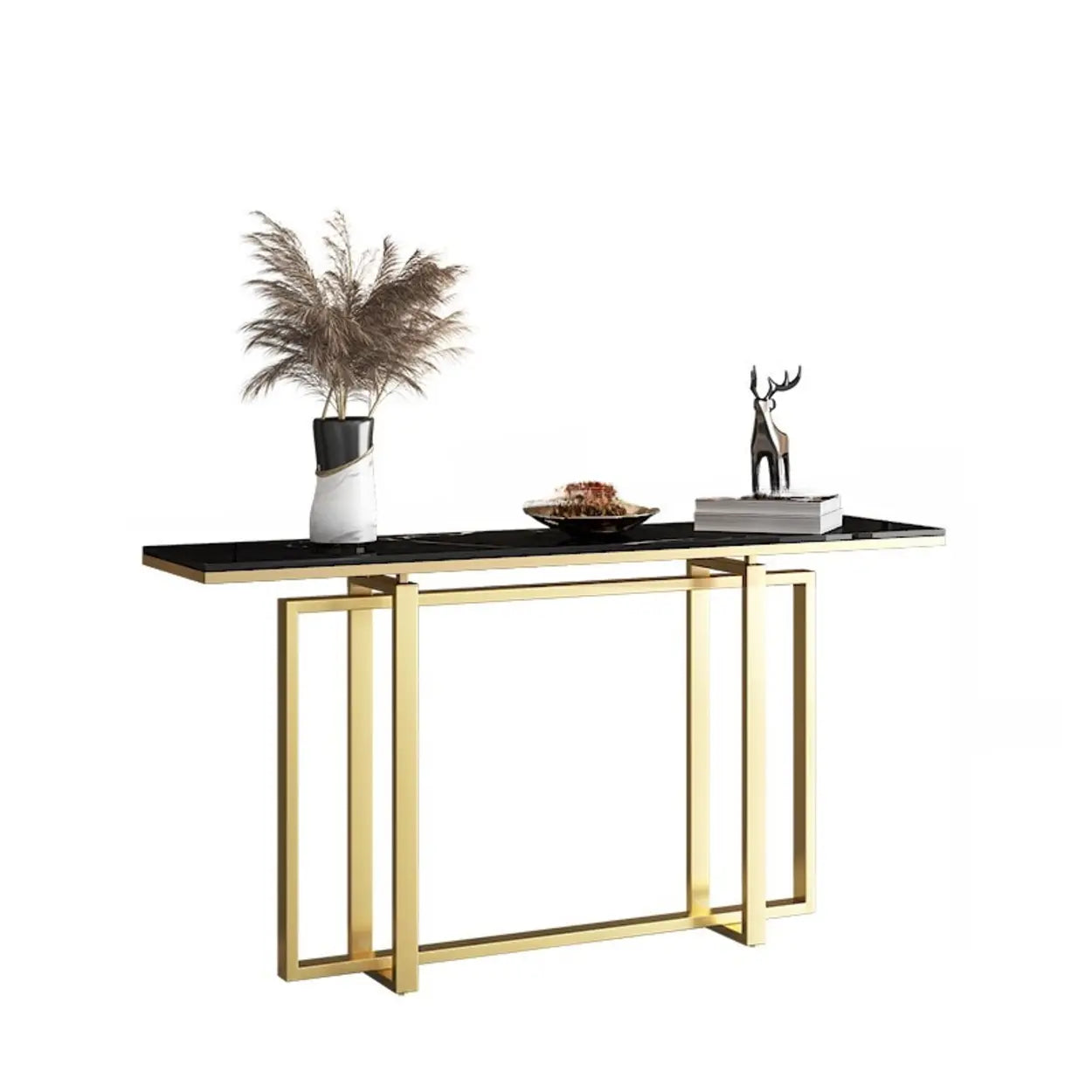 Faux Marble Trestle Console Table with Gold Accents — Black