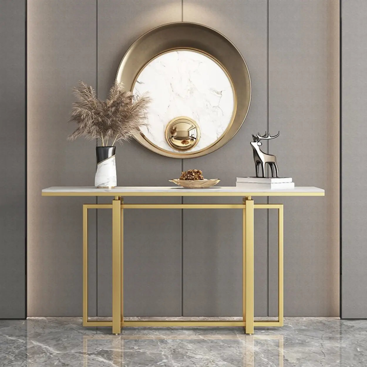 Faux Marble Trestle Console Table with Gold Accents — White
