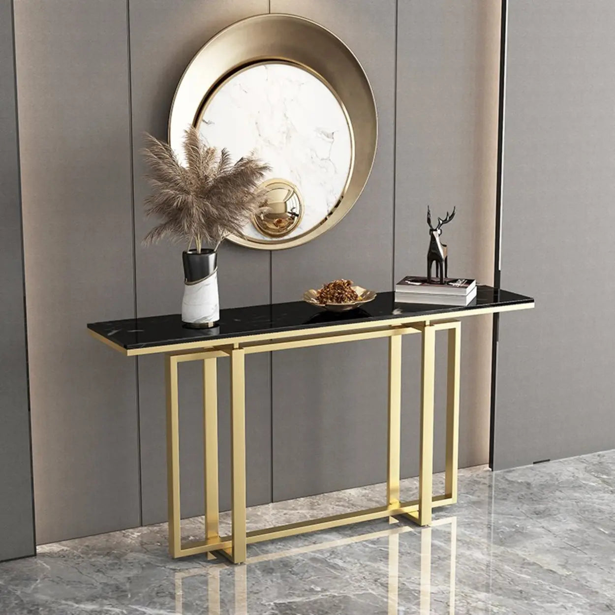 Faux Marble Trestle Console Table with Gold Accents — Black