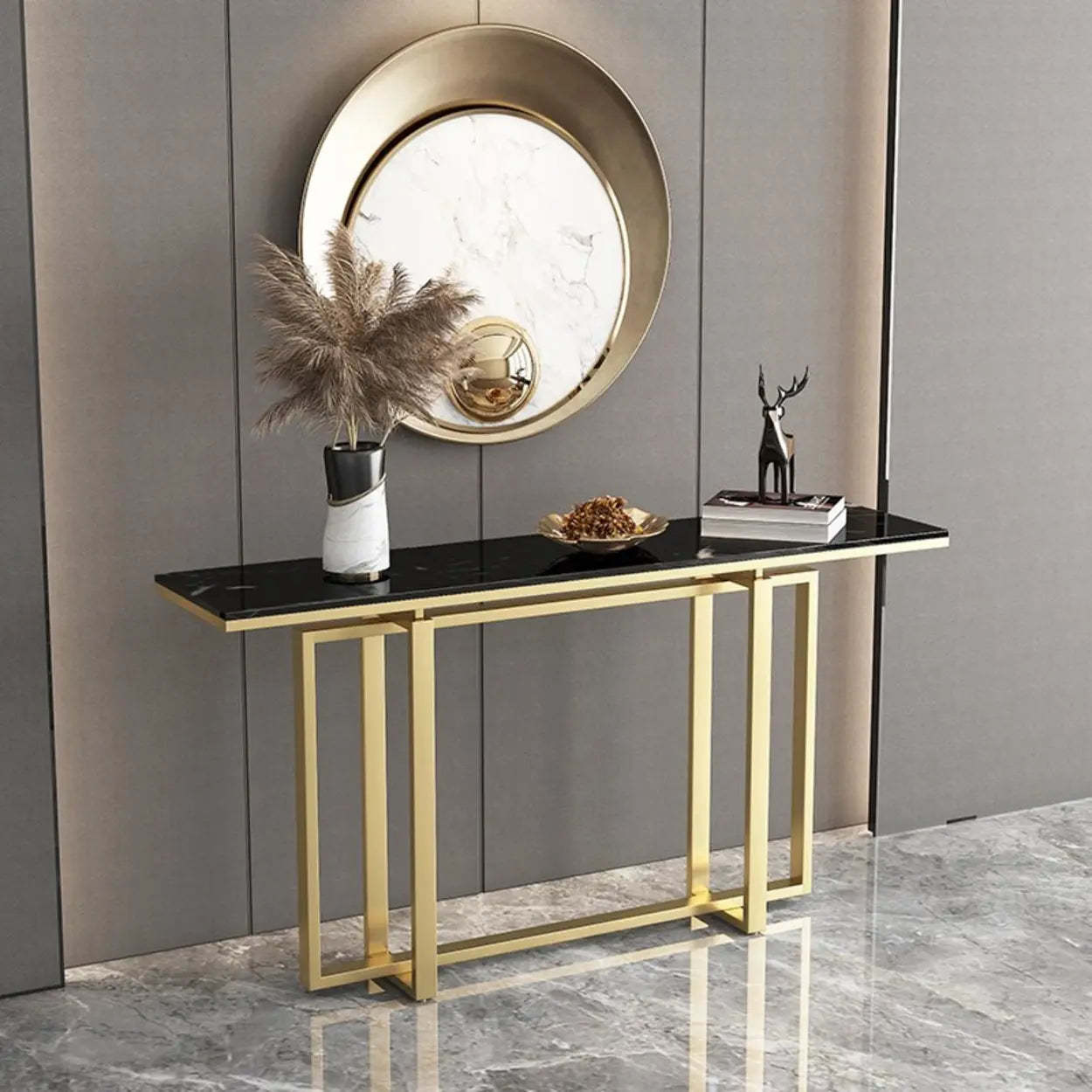 Faux Marble Trestle Console Table with Gold Accents — Black