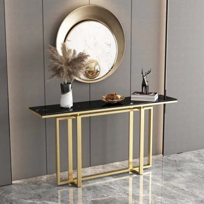 Faux Marble Trestle Console Table with Gold Accents — Black