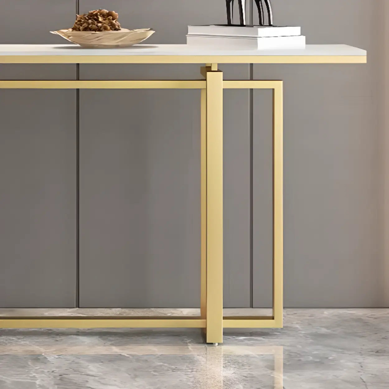 Faux Marble Trestle Console Table with Gold Accents — White