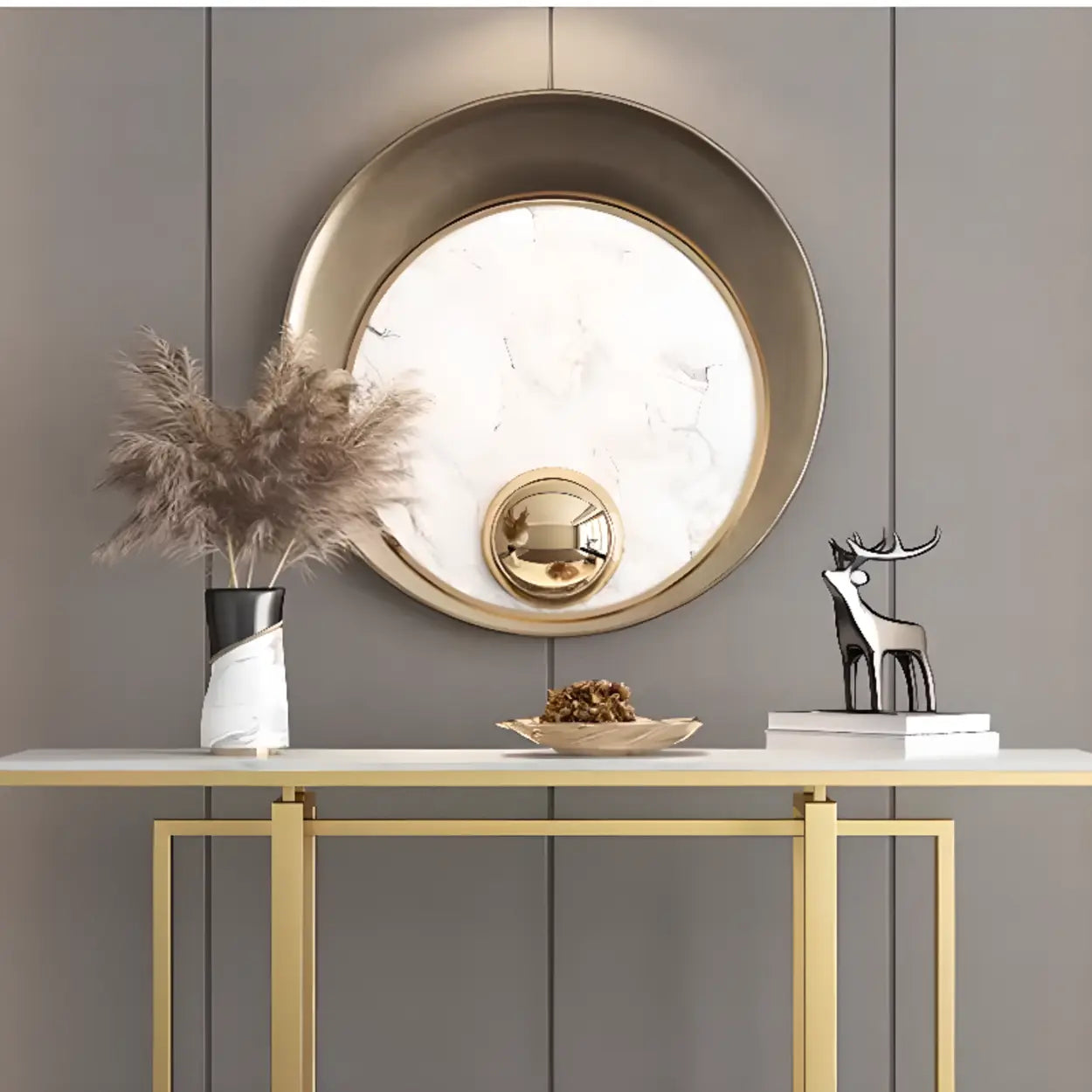 Faux Marble Trestle Console Table with Gold Accents — Black