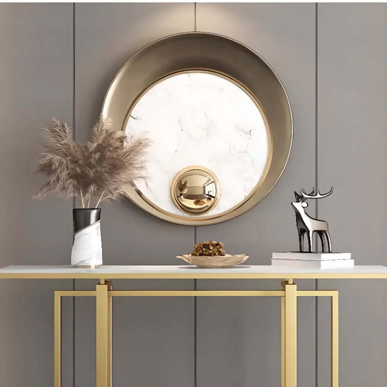 Faux Marble Trestle Console Table with Gold Accents — Black