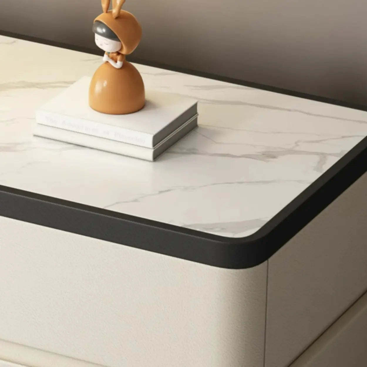 Elegant Rectangular Cream Faux Leather Nightstand — Off-White