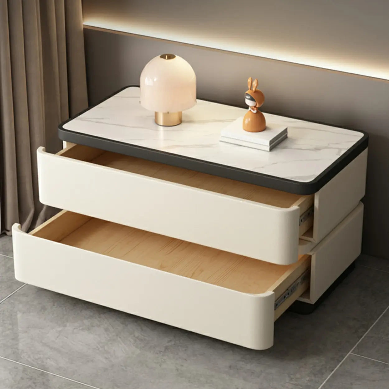 Elegant Rectangular Cream Faux Leather Nightstand — Black