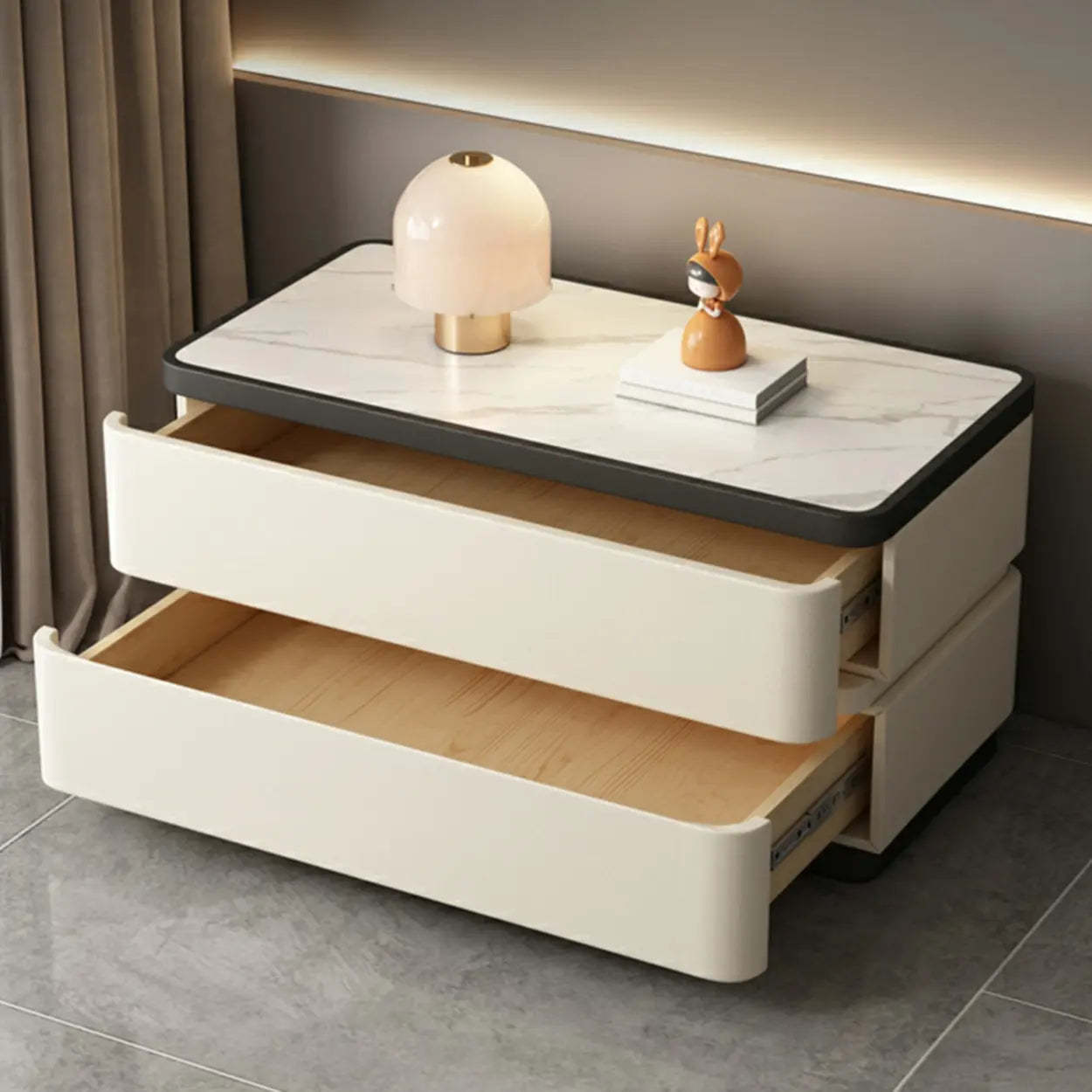 Elegant Rectangular Cream Faux Leather Nightstand — Black
