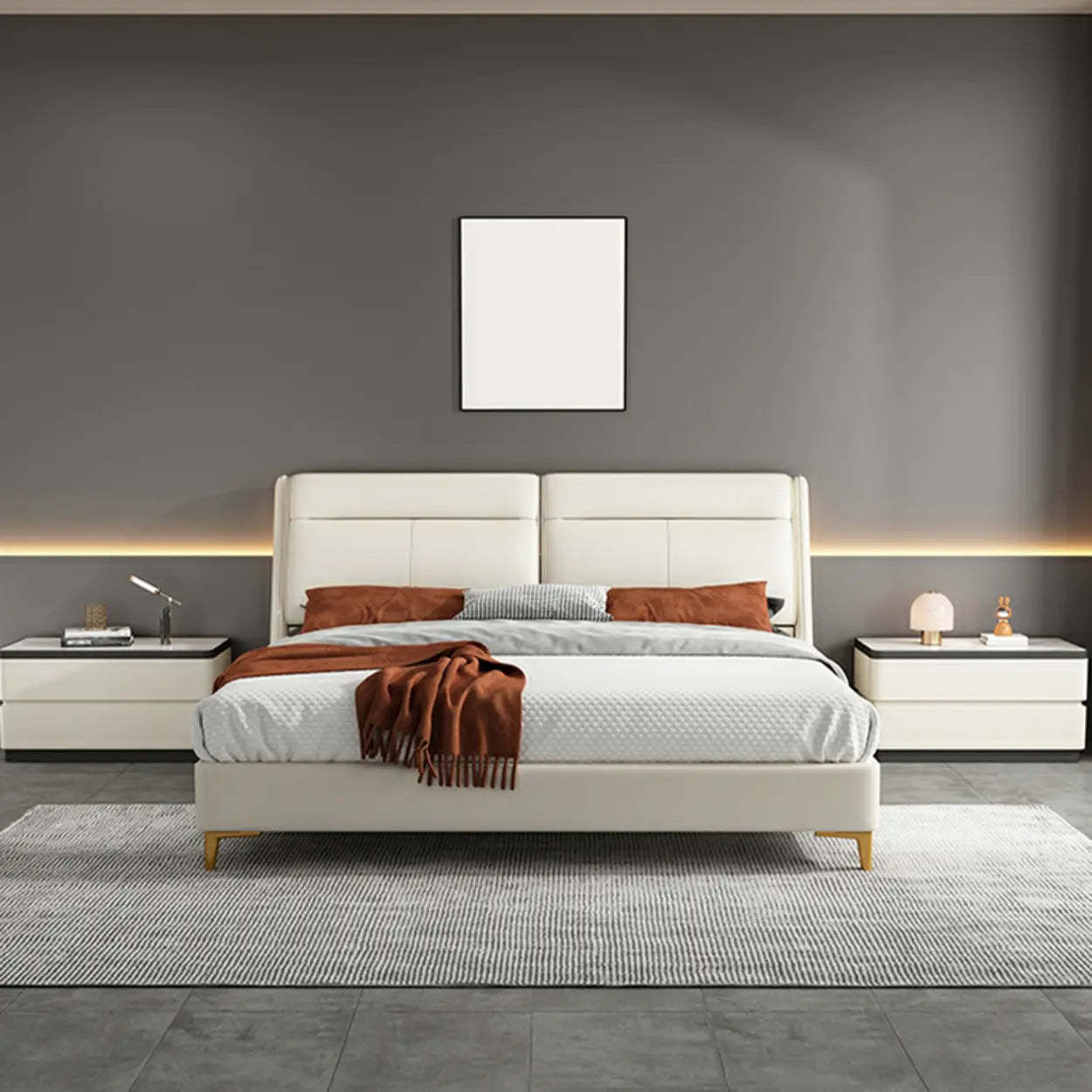 Elegant Rectangular Cream Faux Leather Nightstand — White
