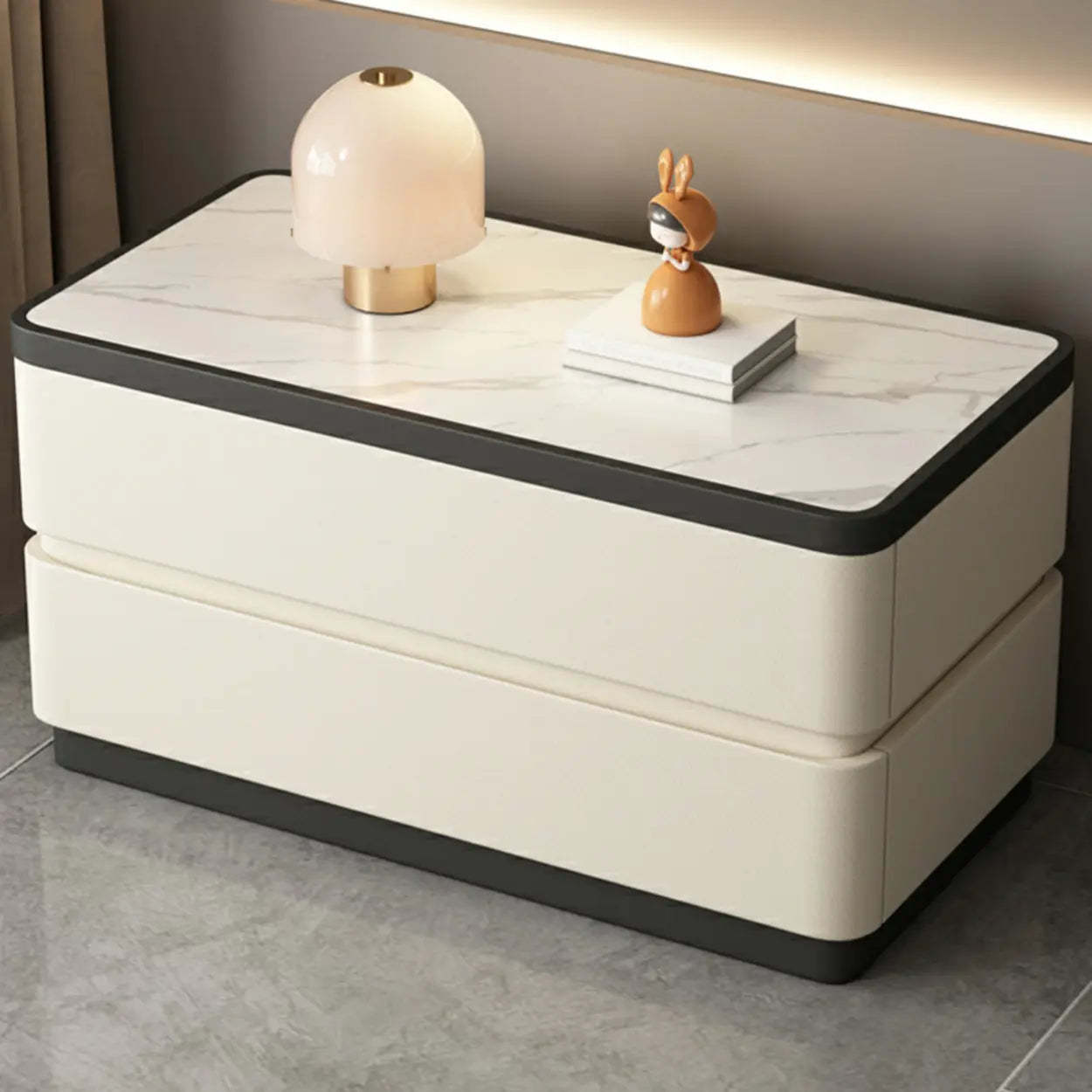 Elegant Rectangular Cream Faux Leather Nightstand — Off-White