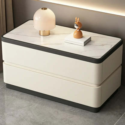 Elegant Rectangular Cream Faux Leather Nightstand — Off-White