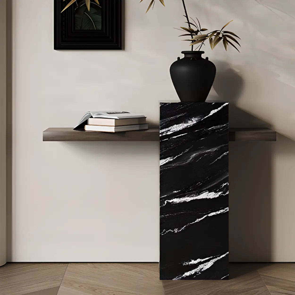 Elegant Rectangular Black Stone Console Table — Black