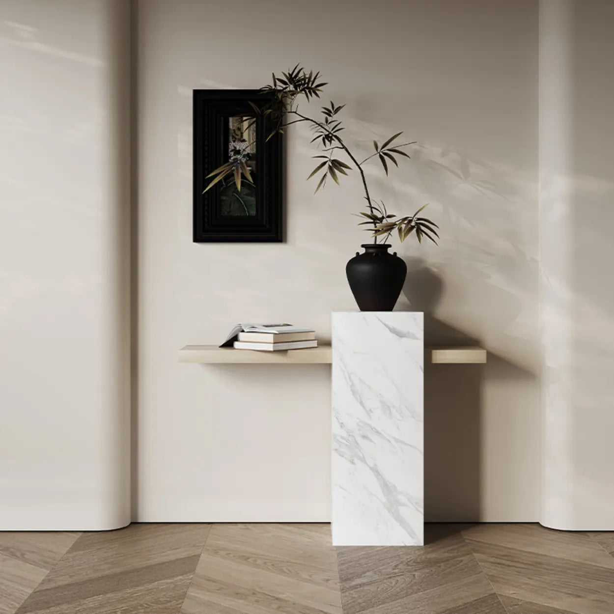 Elegant Rectangular Black Stone Console Table — White