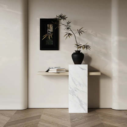 Elegant Rectangular Black Stone Console Table — White