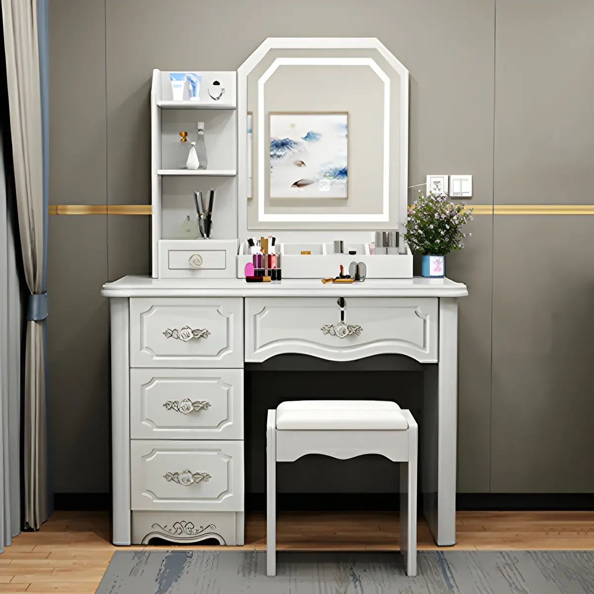 Elegant White Wood Drawer Makeup Vanity — Makeup Vanity & Stools / Left
