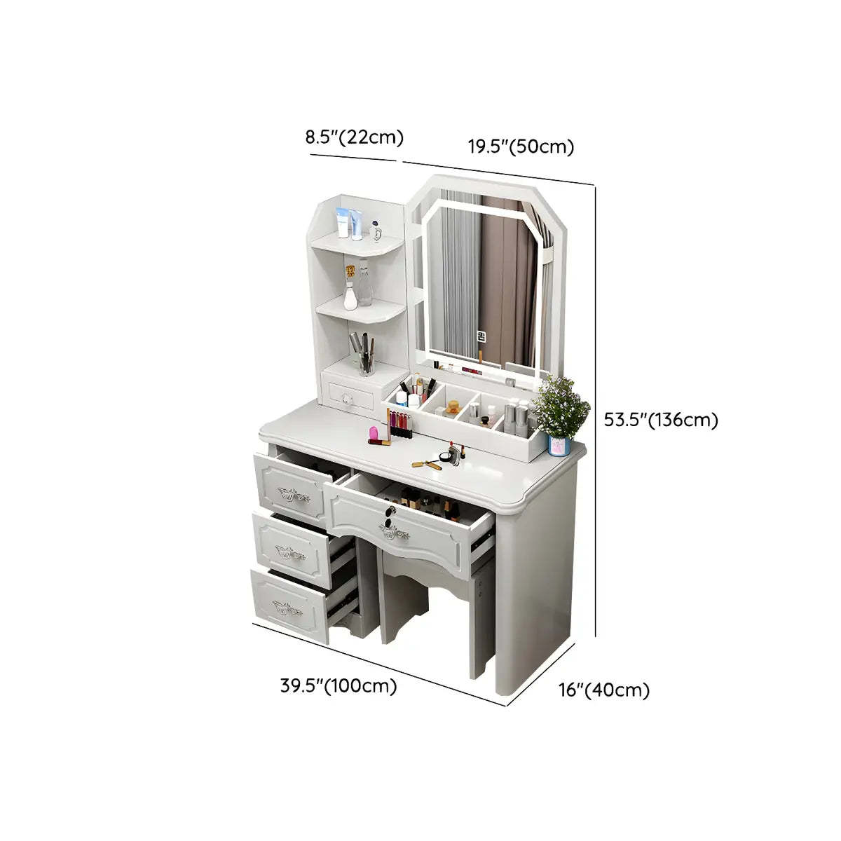 Elegant White Wood Drawer Makeup Vanity