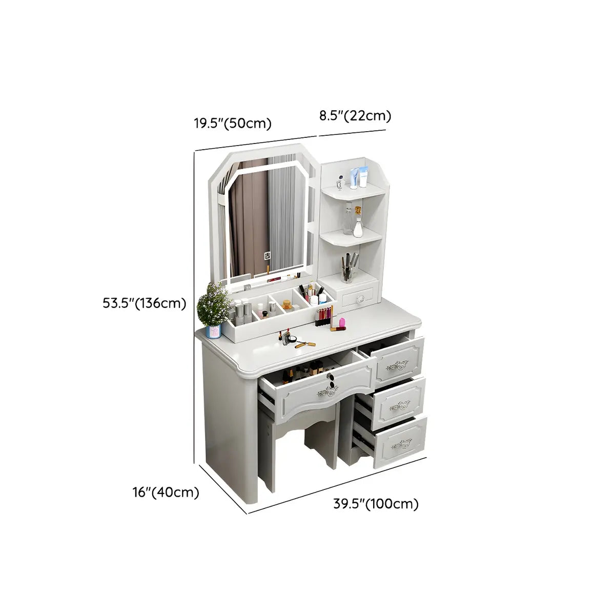 Elegant White Wood Drawer Makeup Vanity