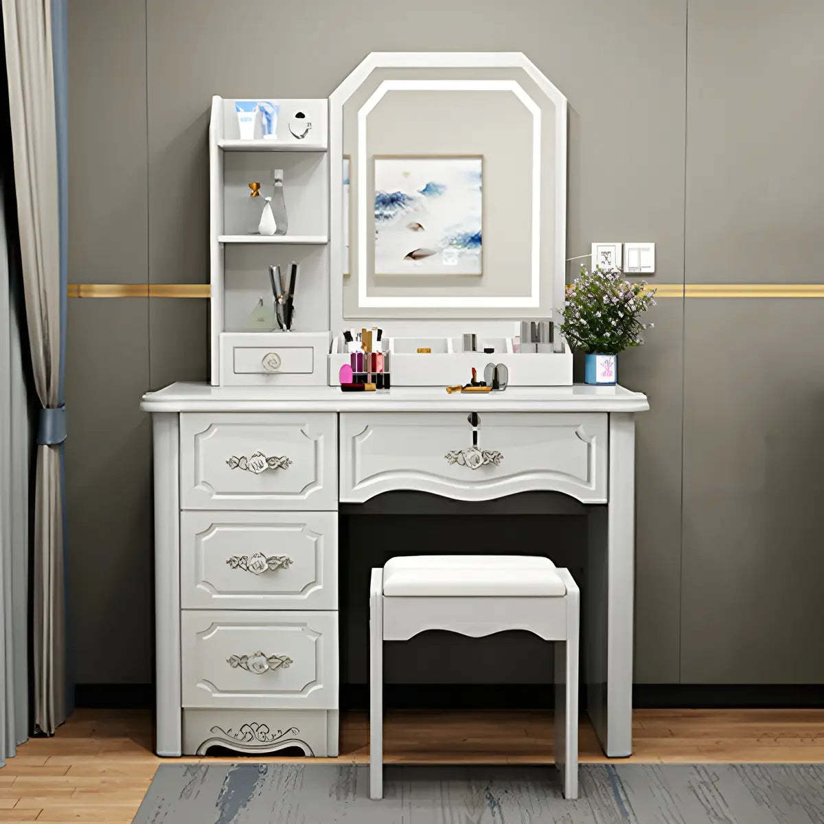 Elegant White Wood Drawer Makeup Vanity — Makeup Vanity & Stools / Left