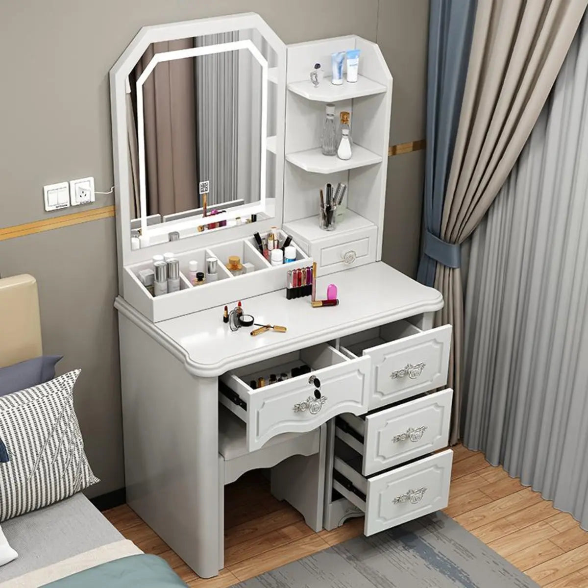 Elegant White Wood Drawer Makeup Vanity — Makeup Vanity & Stools / Right