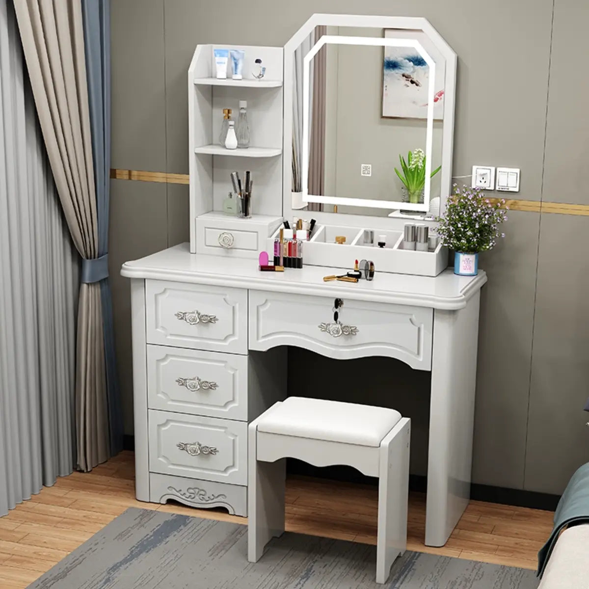 Elegant White Wood Drawer Makeup Vanity — Makeup Vanity & Stools / Left