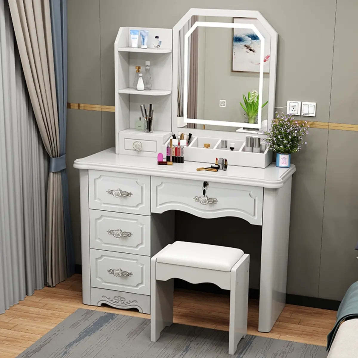 Elegant White Wood Drawer Makeup Vanity — Makeup Vanity & Stools / Left