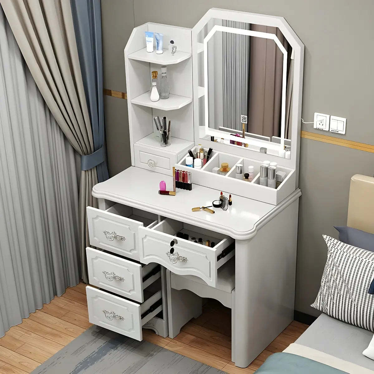 Elegant White Wood Drawer Makeup Vanity — Makeup Vanity & Stools / Right