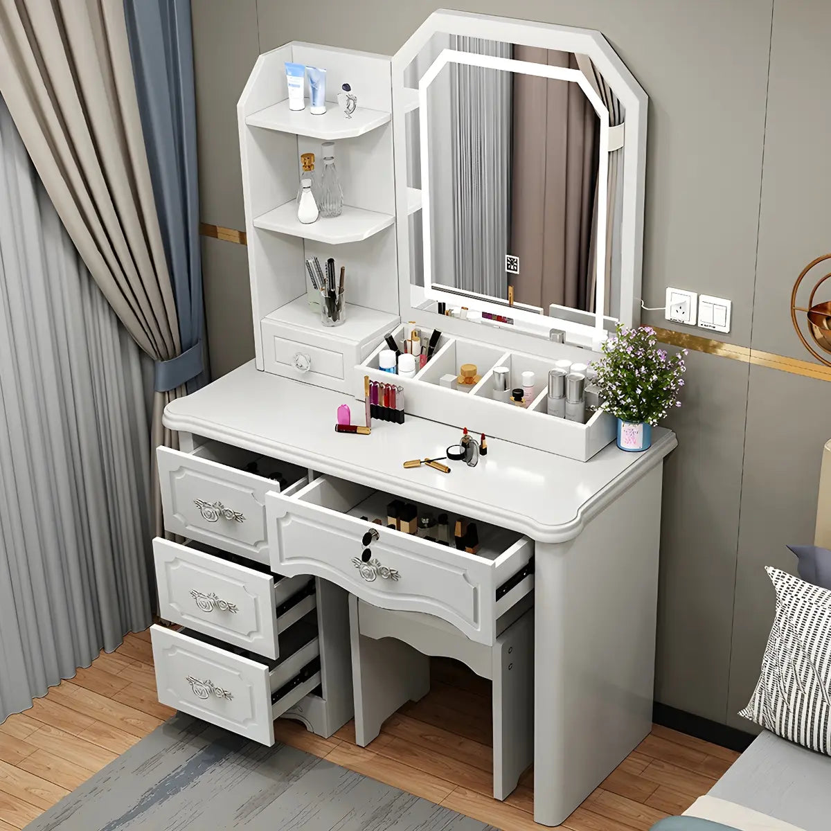 Elegant White Wood Drawer Makeup Vanity