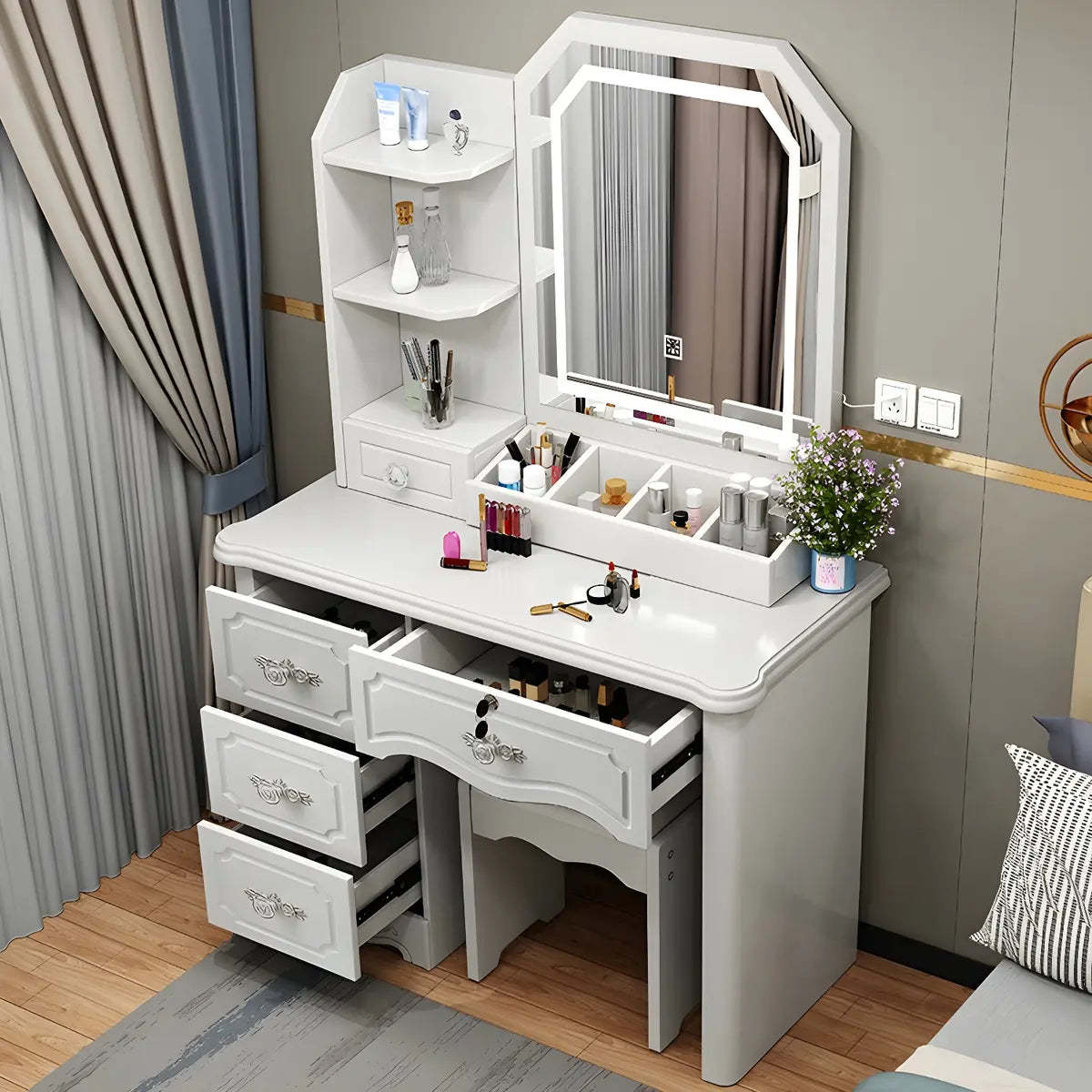 Elegant White Wood Drawer Makeup Vanity