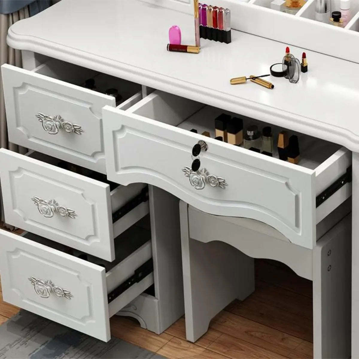 Elegant White Wood Drawer Makeup Vanity