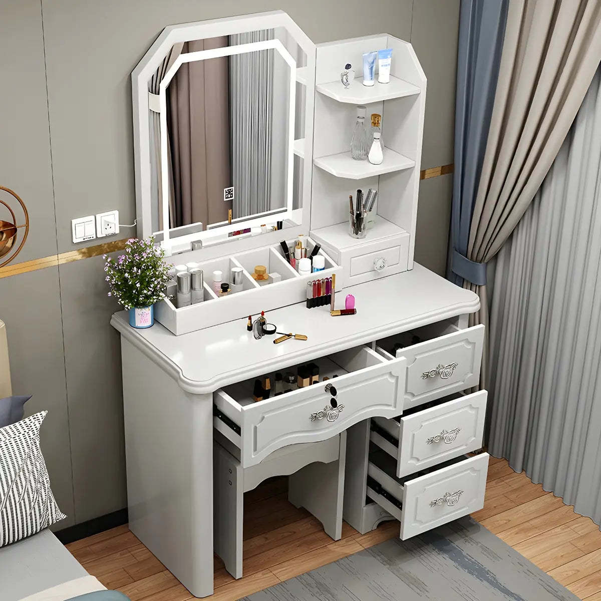 Elegant White Wood Drawer Makeup Vanity