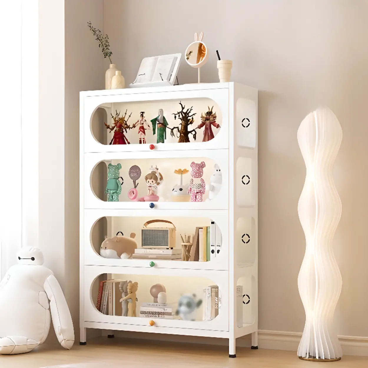 Elegant Steel White Curio Display Cabinet — Clear/ White