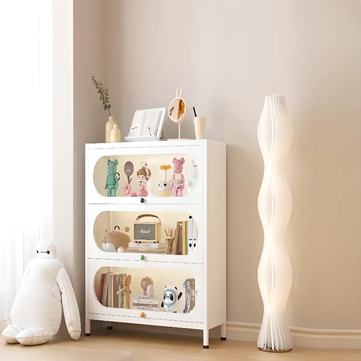 Elegant Steel White Curio Display Cabinet — Clear/ White