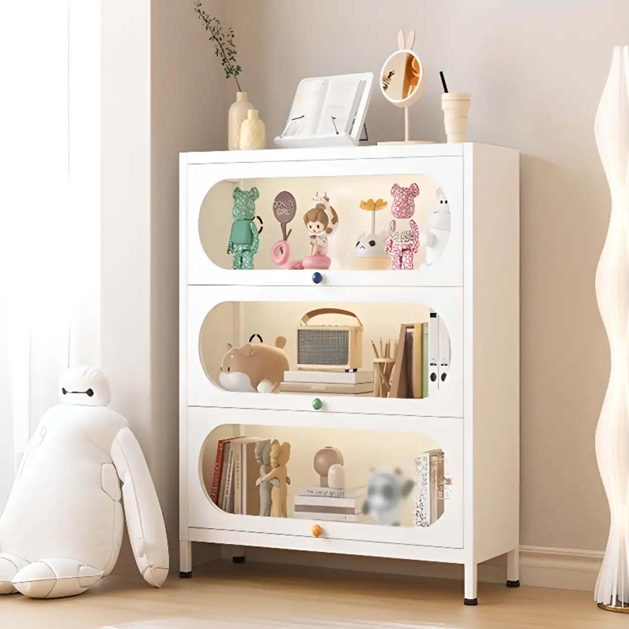 Elegant Steel White Curio Display Cabinet — Clear/ White