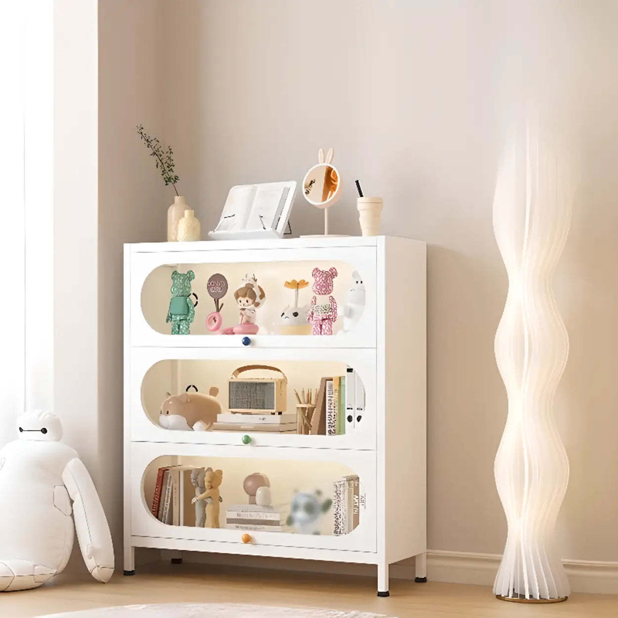 Elegant Steel White Curio Display Cabinet — Clear/ White