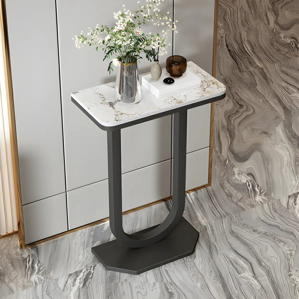 U-Shaped Stone-Top Metal Plant Table