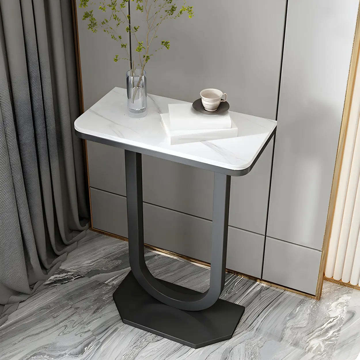U-Shaped Stone-Top Metal Plant Table