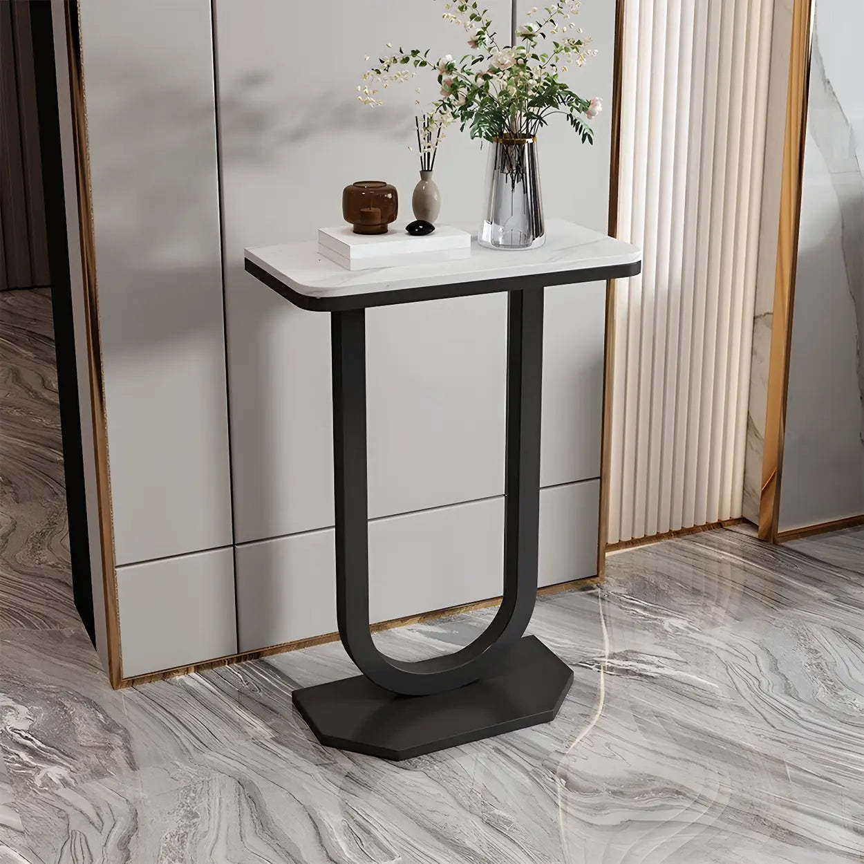 U-Shaped Stone-Top Metal Plant Table — Gold-White