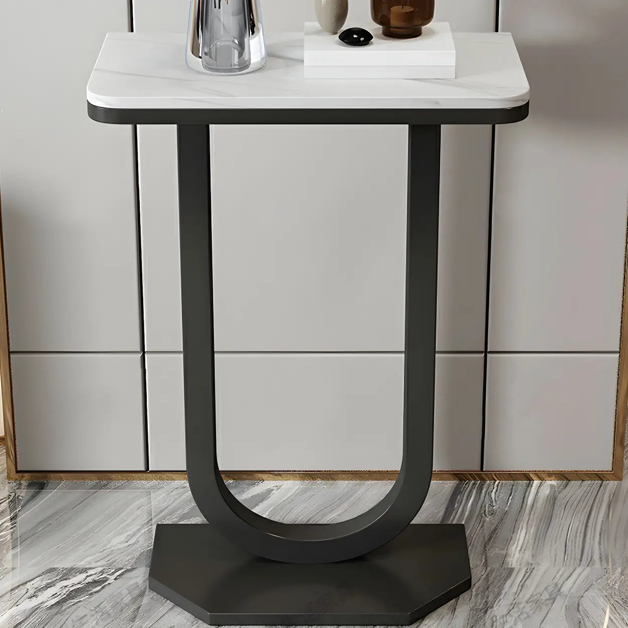U-Shaped Stone-Top Metal Plant Table