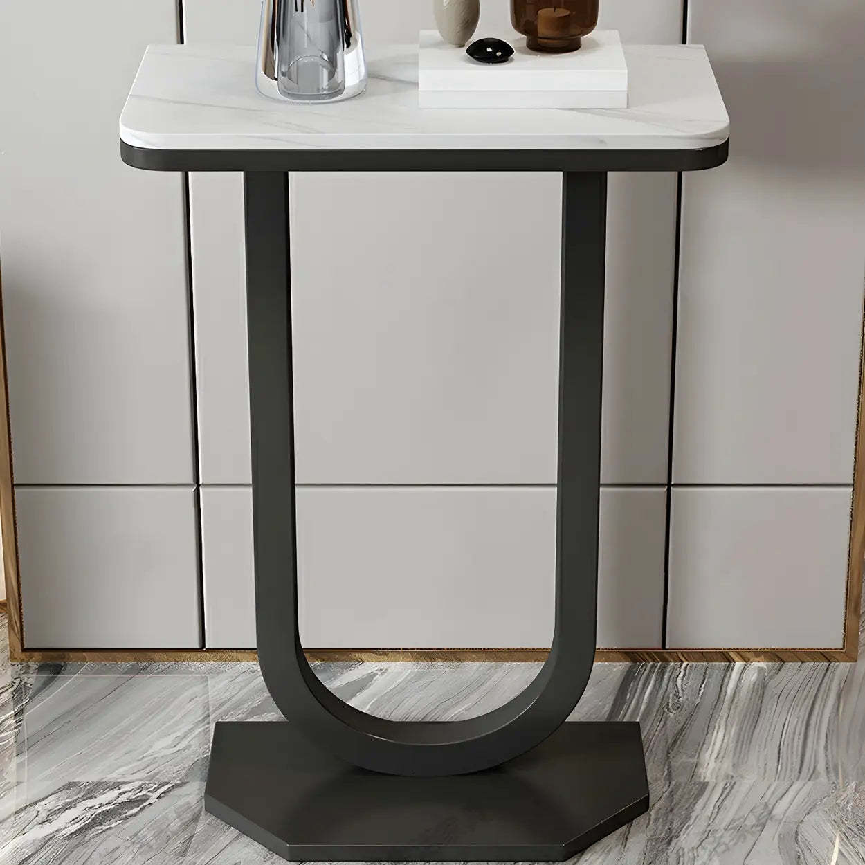 U-Shaped Stone-Top Metal Plant Table