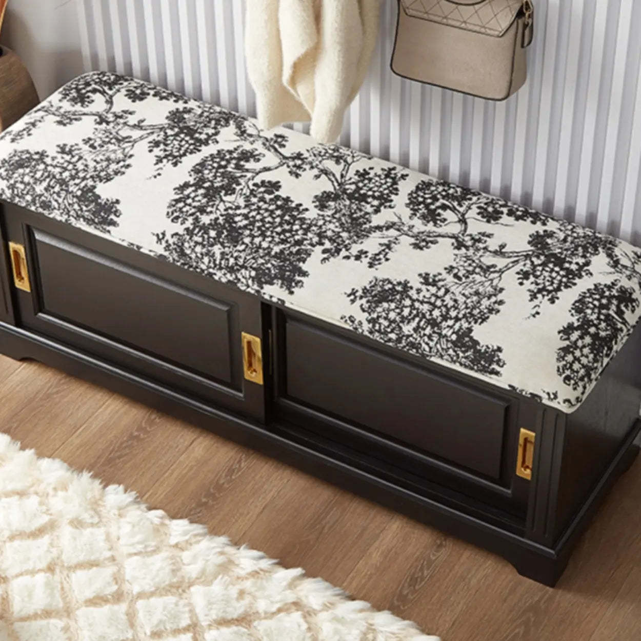 Elegant Storage Bench with Floral Cushion and Sliding Doors — Black