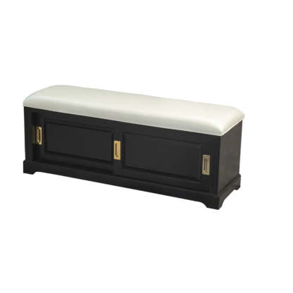 Elegant Storage Bench with Floral Cushion and Sliding Doors — Black