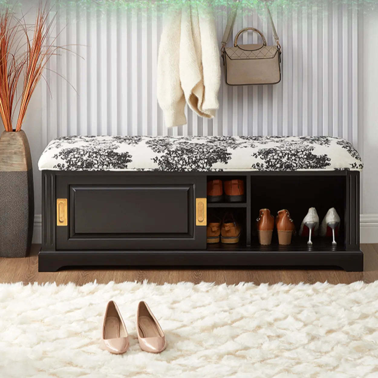 Elegant Storage Bench with Floral Cushion and Sliding Doors — Black