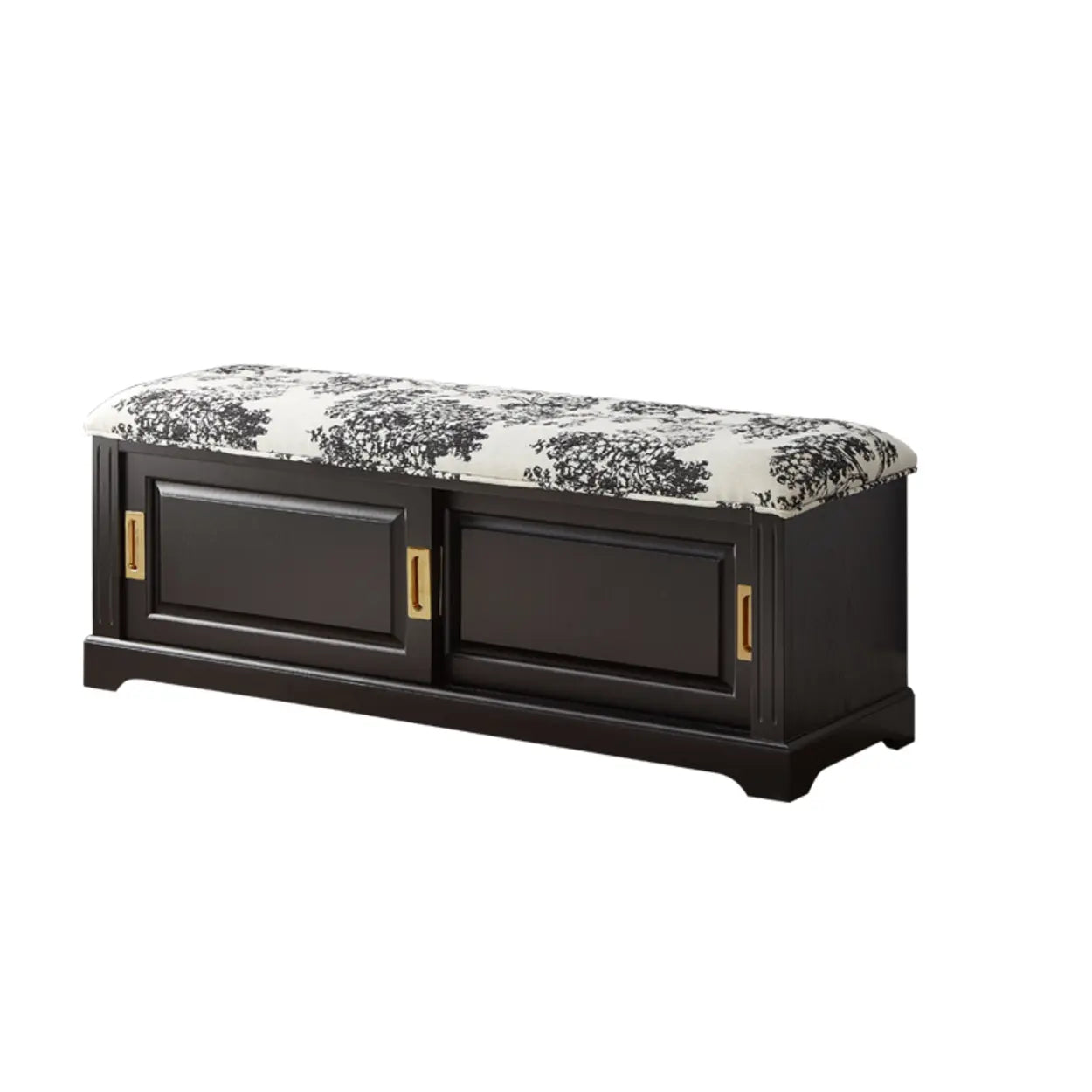 Elegant Storage Bench with Floral Cushion and Sliding Doors — Black and White
