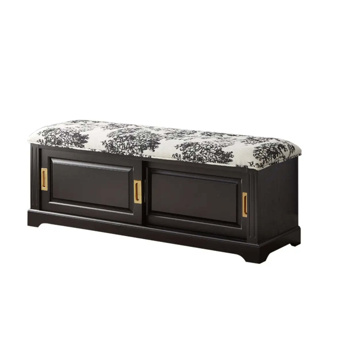 Elegant Storage Bench with Floral Cushion and Sliding Doors — Black and White