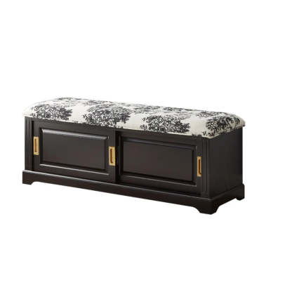 Elegant Storage Bench with Floral Cushion and Sliding Doors — Black and White